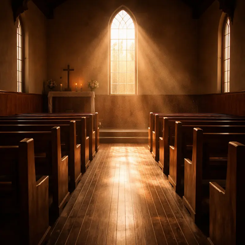 Luz suave de amanecer sobre las bancas vacías de una iglesia pequeña, con una ventana iluminando el pasillo central