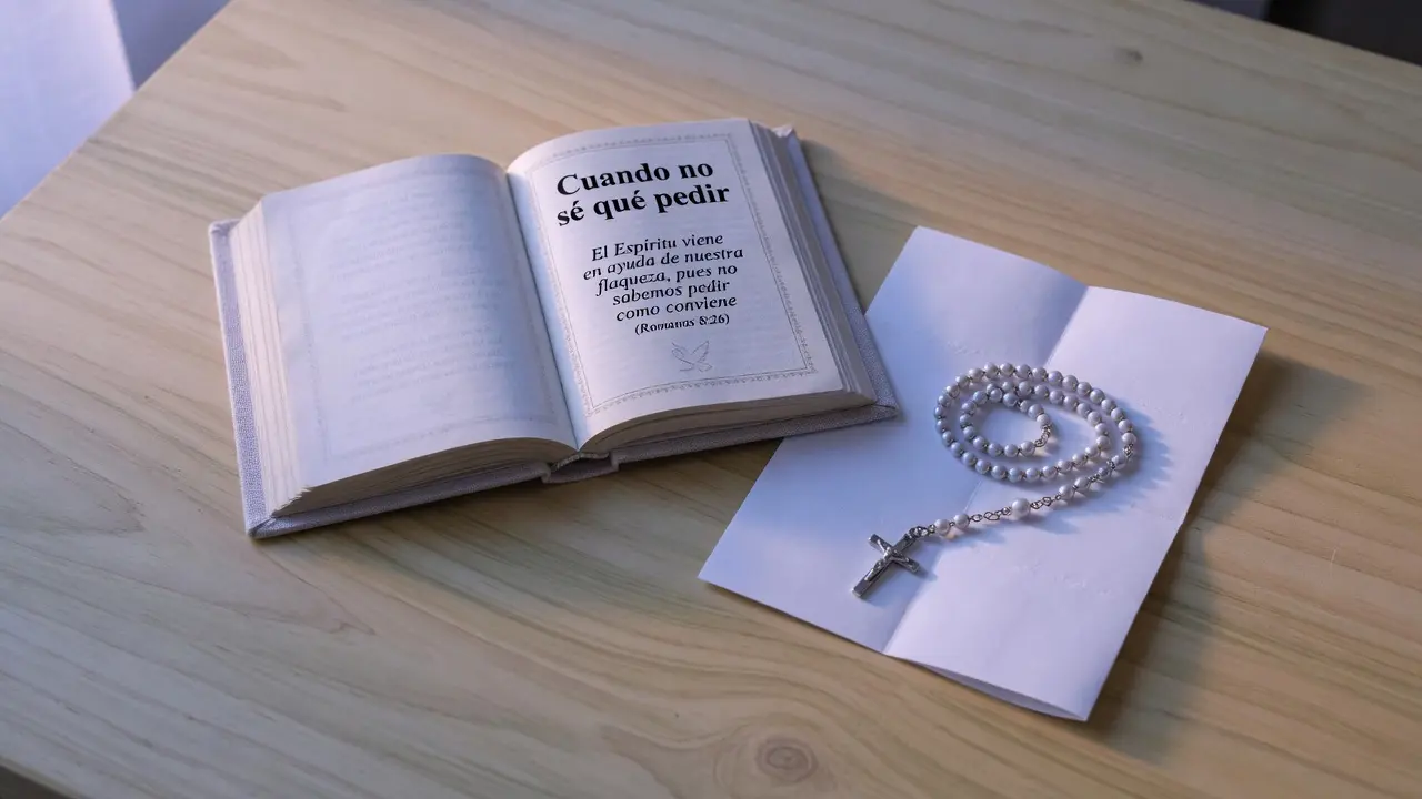 Libro de oraciones en español abierto en una página con el título visible "Cuando no sé qué pedir" y el versículo de Romanos 8:26 en español: "El Espíritu viene en ayuda de nuestra flaqueza, pues no sabemos pedir como conviene", junto al libro un papel en blanco doblado a la mitad — representando la petición que todavía no tiene palabras — y un rosario de cuentas de color gris perla sobre el papel, mesa de madera clara con luz natural lateral suave, sin figuras humanas, formato 16:9, atmósfera de oración que confía aunque no sepa exactamente qué pedir