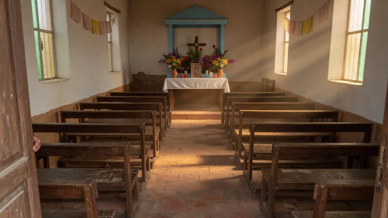 Interior de una capilla rural guatemalteca sencilla desde la perspectiva de alguien que entra, se ven los bancos de madera vacíos ordenados hacia el frente, la luz natural entra por ventanas laterales creando columnas de luz dorada sobre los bancos, el espacio transmite acogida silenciosa y disponibilidad, el altar al fondo apenas visible en la luz, composición amplia 16:9, sin figuras humanas, atmósfera de espacio comunitario que espera y acoge