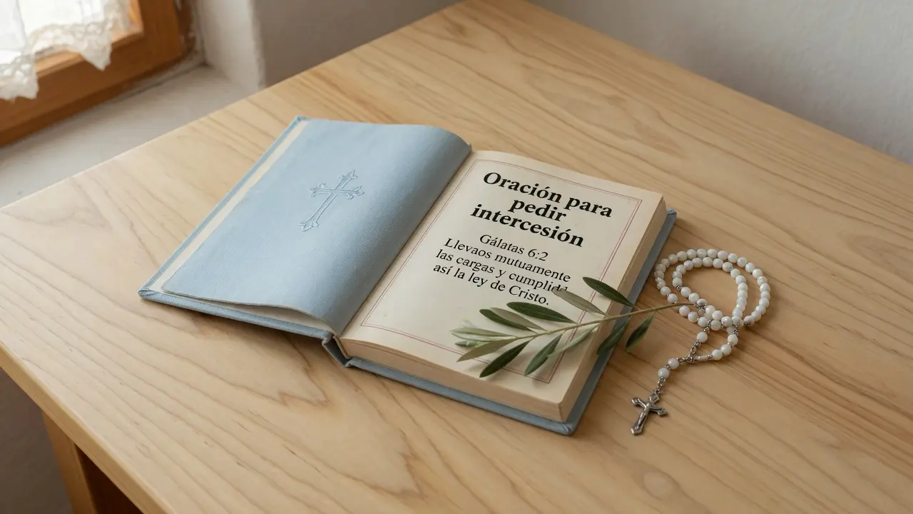 Libro de oraciones en español abierto en una página con el título visible "Oración para pedir intercesión" y el versículo de Gálatas 6:2 en español: "Llevaos mutuamente las cargas y cumplid así la ley de Cristo", junto al libro tres velas votivas de cera blanca encendidas de diferente tamaño representando la cadena de fe, dispuestas en triángulo sobre una mesa de madera oscura guatemalteca, sus llamas proyectan luz dorada combinada sobre las páginas, formato 16:9, sin figuras humanas, atmósfera de humildad que activa la comunión de fe