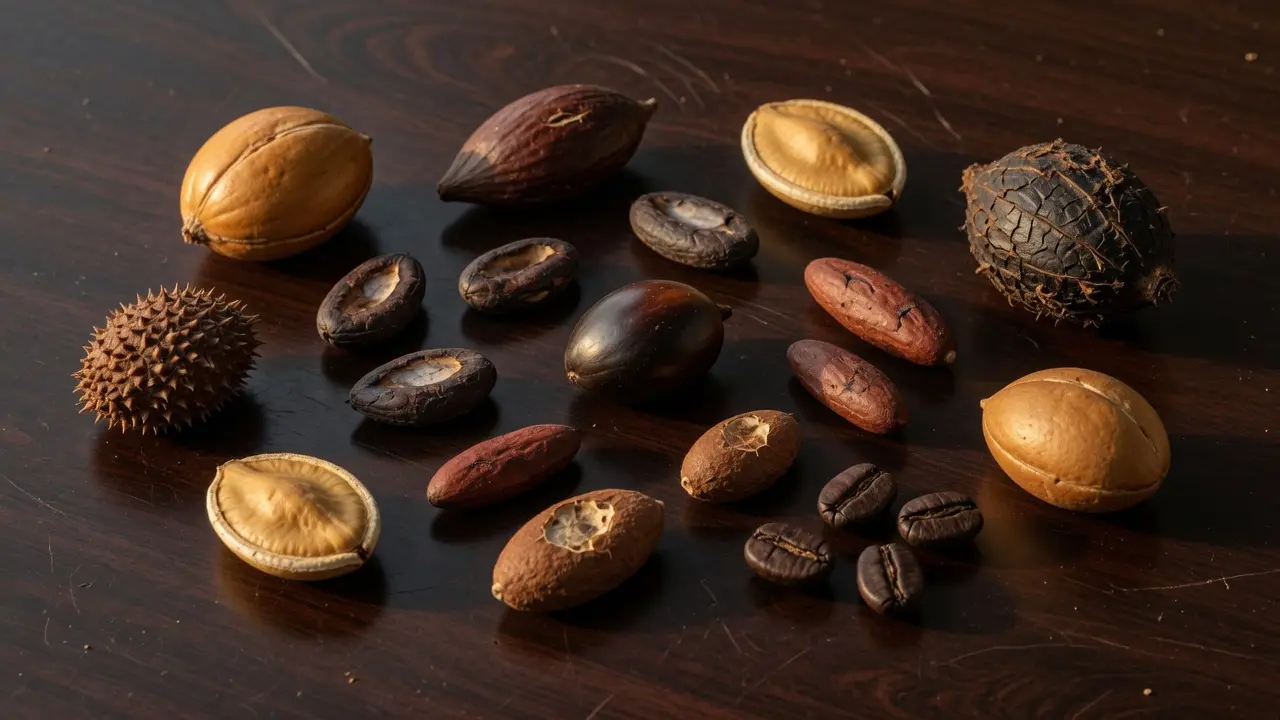 Diferentes tipos de semillas y frutos secos de distintas formas y texturas ordenados sobre una superficie de madera oscura, cada uno con una forma completamente única aunque todos sean semillas, luz dorada lateral que resalta las diferencias de textura y forma, composición amplia 16:9, sin figuras humanas, metáfora de la singularidad de cada proceso del alma ante la misma realidad