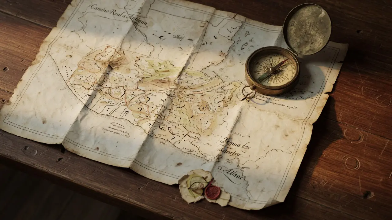 Mapa antiguo de papel envejecido doblado y parcialmente abierto sobre una mesa de madera oscura, el mapa muestra rutas y caminos pero con algunas zonas sin cartografiar, una brújula de metal antiguo apoyada sobre el mapa sin señalar ninguna dirección específica, luz dorada lateral suave, composición amplia 16:9, sin figuras humanas, atmósfera de guía que orienta pero no determina el camino exacto