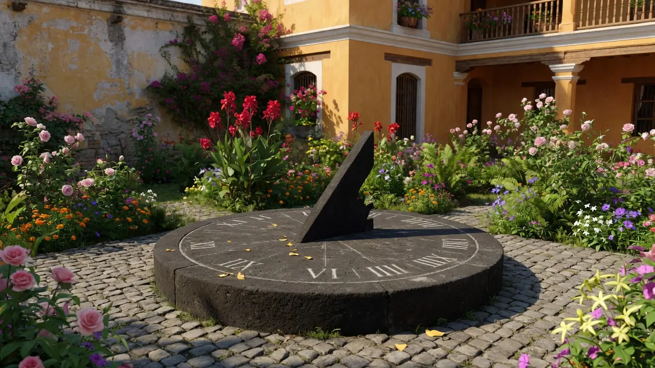 Reloj de sol antiguo de piedra en un jardín guatemalteco, las sombras que proyecta miden el tiempo pero el reloj no tiene manecillas ni alarmas, alrededor del reloj el jardín crece con su propio ritmo independiente de la medición humana, luz dorada de mediodía, composición amplia 16:9, sin figuras humanas, atmósfera de tiempo que existe pero no puede forzarse ni apresurarse