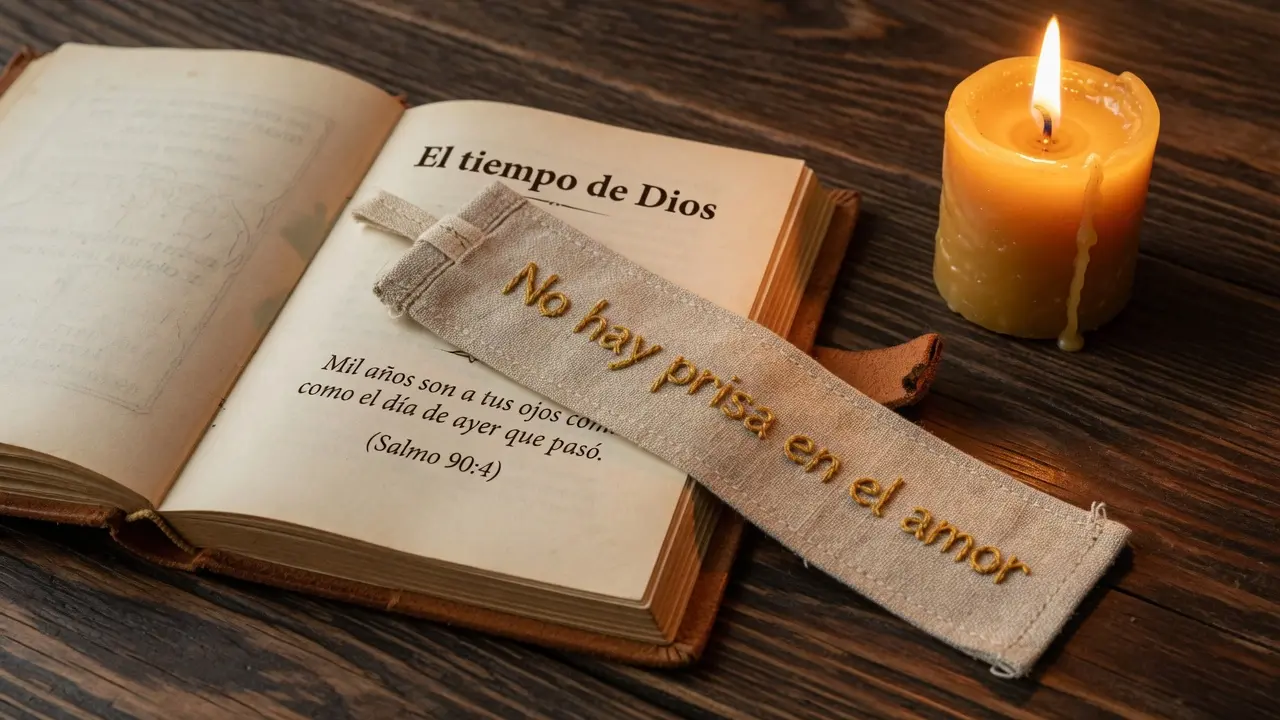 Libro de oraciones en español abierto en una página con el título visible "El tiempo de Dios" y el versículo del Salmo 90:4 en español: "Mil años son a tus ojos como el día de ayer que pasó", junto al libro una vela de cera de abeja color ámbar dorado natural encendida con llama tranquila, y un marcador de página de tela bordada con la frase en español "No hay prisa en el amor" sobresaliendo de las páginas, mesa de madera oscura guatemalteca, formato 16:9, sin figuras humanas, atmósfera de tiempo que no se puede apresurar y no necesita apresurarse