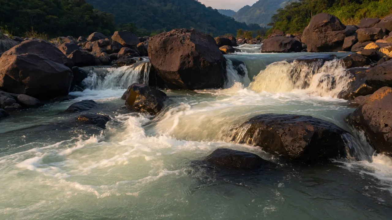 Río de montaña guatemalteco que fluye con fuerza sobre piedras, el agua que avanza encuentra obstáculos de roca y debe rodearlos creando remolinos temporales que parecen retroceder pero en realidad forman parte del movimiento total hacia adelante, la luz dorada de tarde ilumina el agua en movimiento, composición amplia 16:9, sin figuras humanas, atmósfera del proceso que avanza aunque a veces parezca girar sobre sí mismo