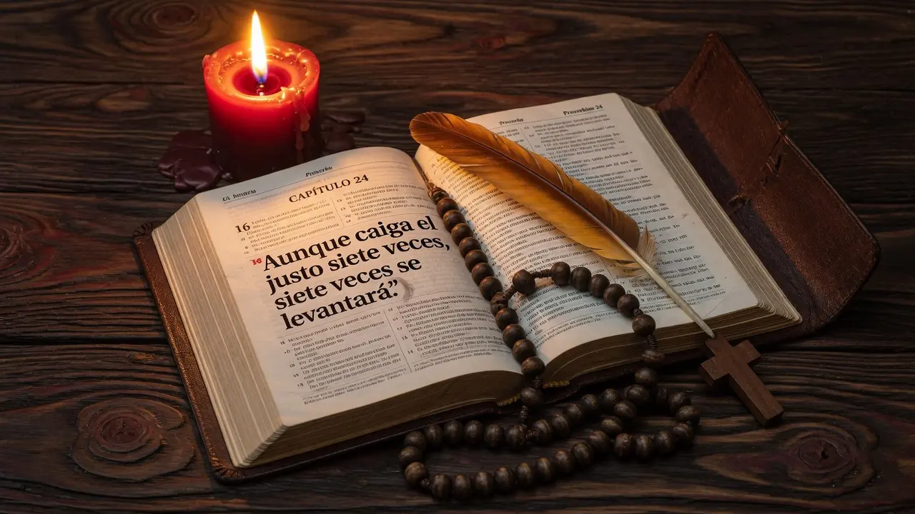 Biblia de cuero oscuro abierta en Proverbios 24 con el versículo 16 visible en español: "Aunque caiga el justo siete veces, siete veces se levantará", sobre la página abierta una pequeña pluma de pájaro de color ámbar apoyada junto al versículo, una vela de cera roja oscura encendida al lado izquierdo proyectando luz dorada intensa sobre el texto, un rosario de cuentas de madera oscura gruesa enrollado parcialmente sobre el borde inferior de la Biblia, mesa de madera oscura guatemalteca, formato 16:9, sin figuras humanas, atmósfera de verdad sólida que sostiene la caída y promete el levantamiento