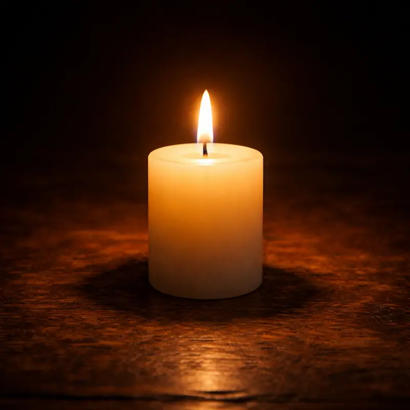 Vela solitaria encendida en la oscuridad sobre una superficie de madera antigua con luz suave y cálida