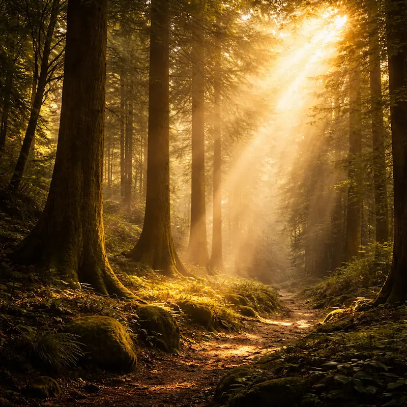 Luz dorada que atraviesa un bosque antiguo con árboles altos, imagen de la presencia de Dios que lo llena todo