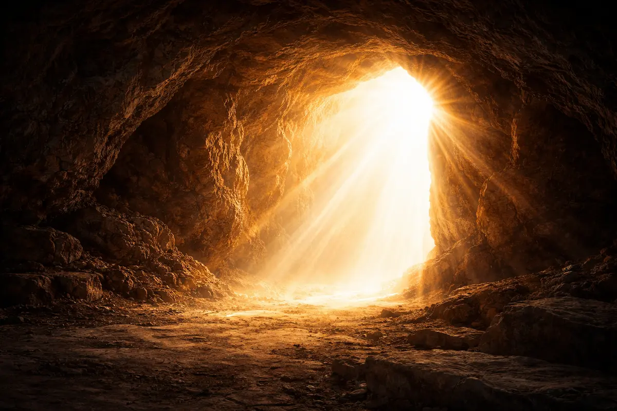 Luz blanca y dorada irrumpiendo en una cueva oscura, imagen de la resurrección que transforma la muerte en vida