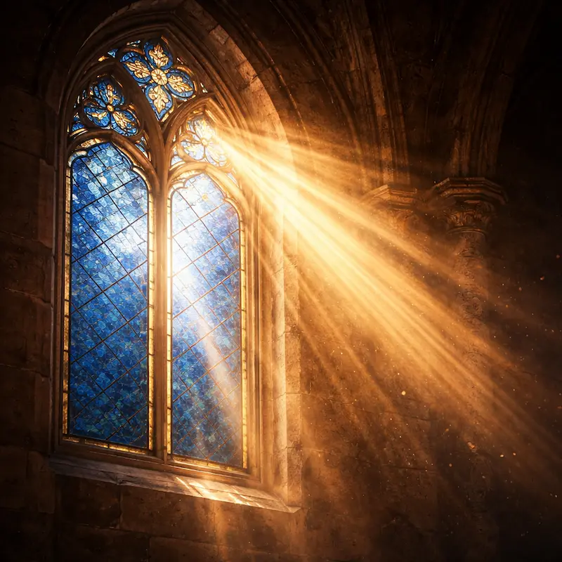 Vidriera con luz azul y dorada que evoca la maternidad de María y su intercesión ante su Hijo