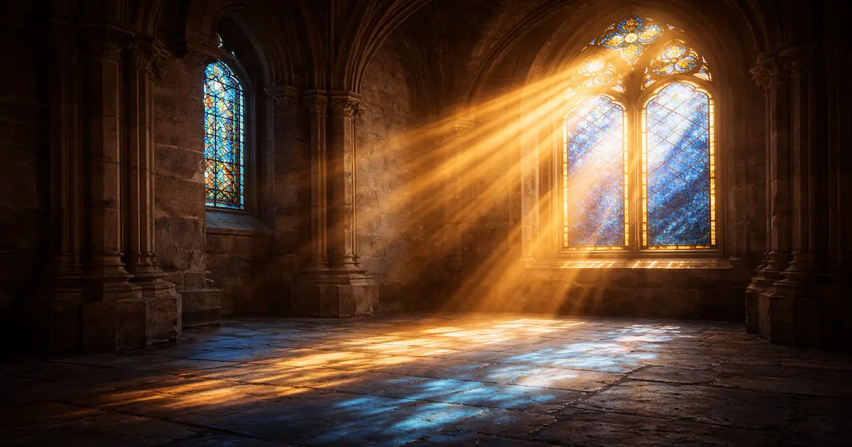 Vitral colorido en una iglesia con luz entrando a través de figuras sagradas, símbolo del arte al servicio de la fe