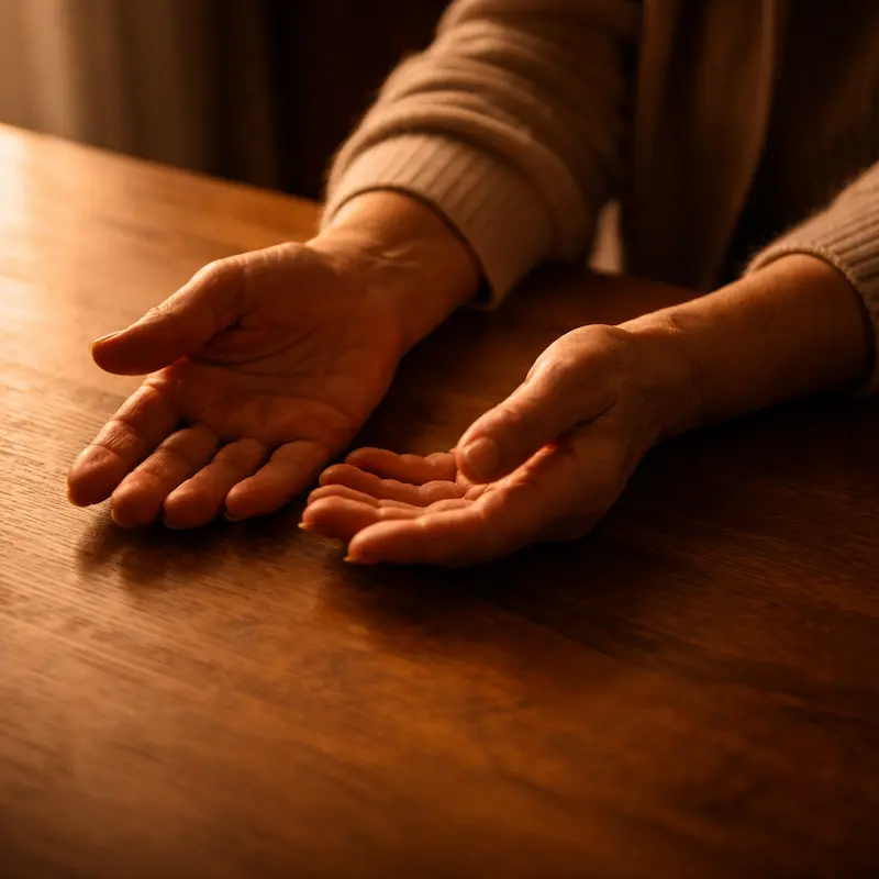 Manos en reposo sobre una mesa, las manos de alguien que cuidó durante mucho tiempo y que ahora puede, por fin, estar quieto, la paz del descanso que llegó aunque el corazón todavía procesa