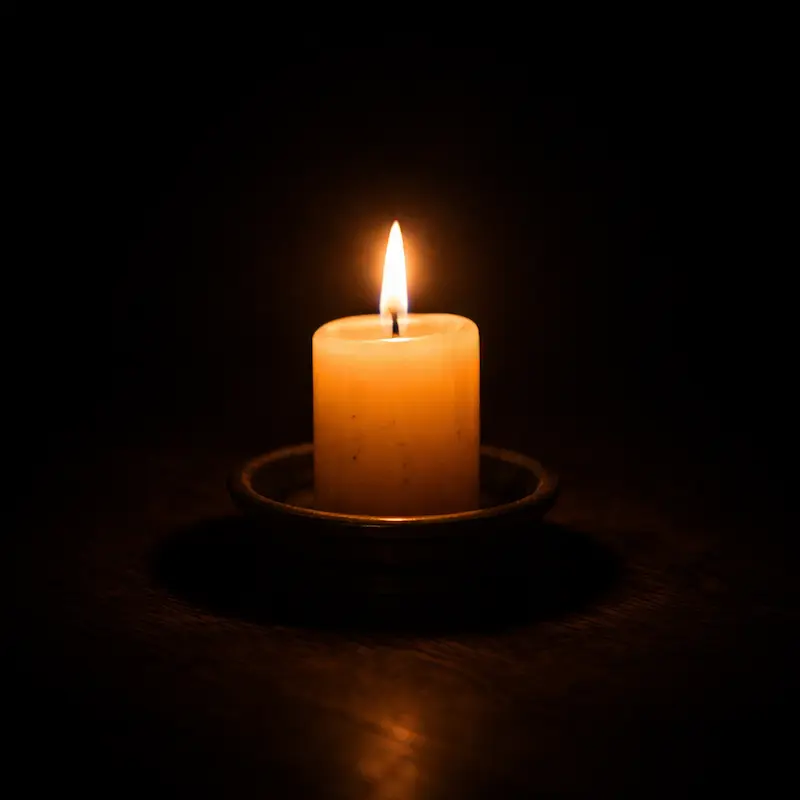 Vela encendida en la oscuridad que proyecta una sombra larga, símbolo de la fe que persiste aunque el cuarto no sea cómodo