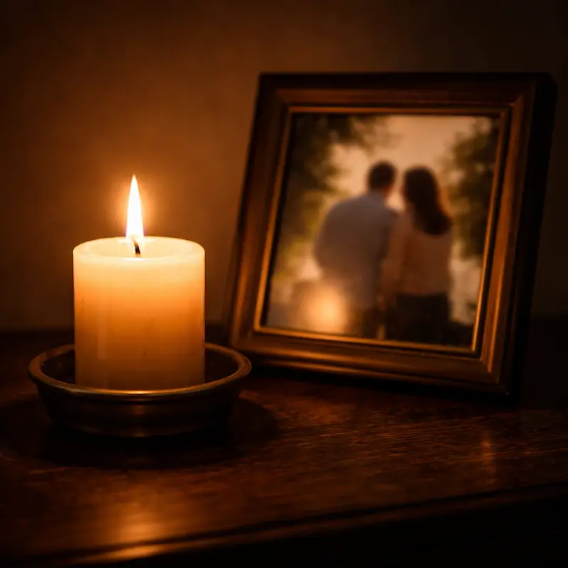 Vela encendida junto a una fotografía borrosa, luz cálida y presencia tranquila en la oscuridad