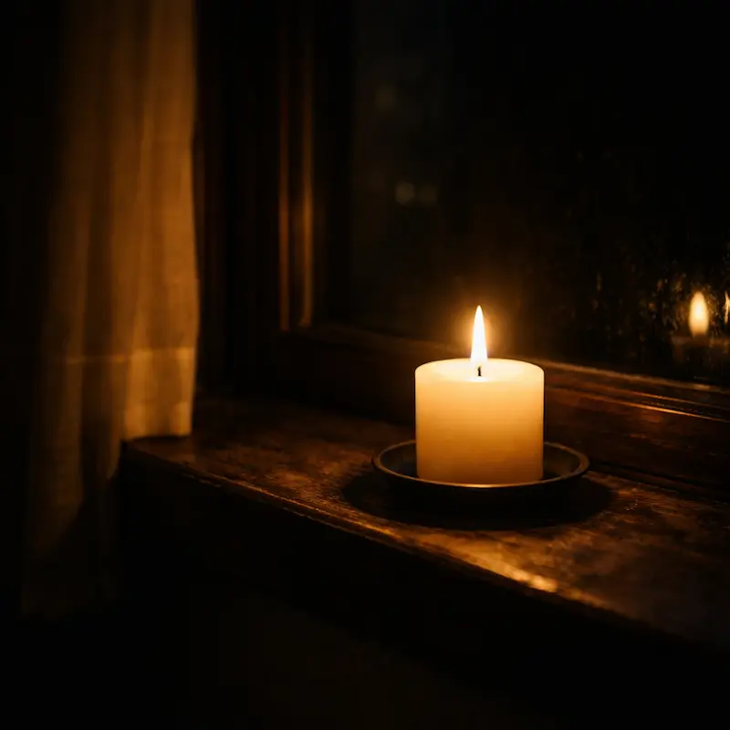 Una vela encendida sola en un cuarto oscuro, la luz firme y pequeña, la permanencia del amor que sigue ardiendo aunque la persona ya no esté para recibirlo directamente