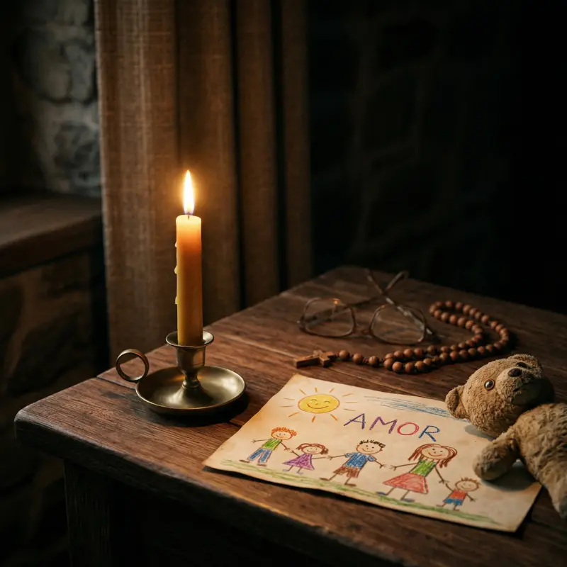 Una vela encendida en el rincón de la casa donde el nieto jugaba, la luz pequeña que nombra su ausencia y al mismo tiempo la honra, el recuerdo hecho ofrenda