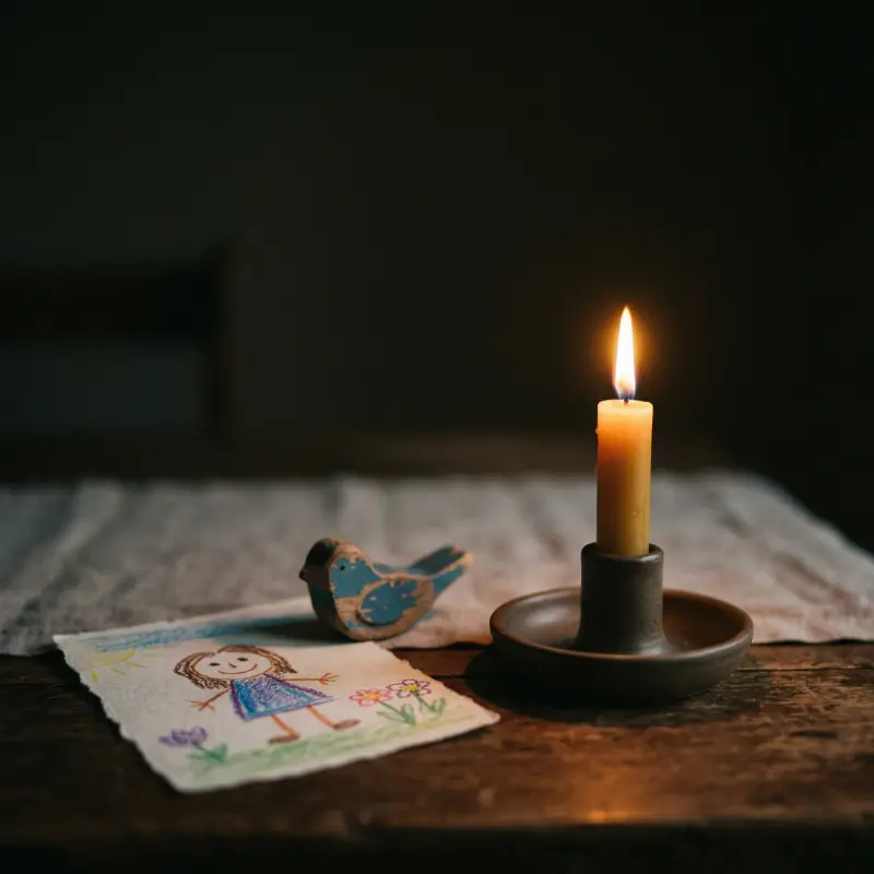 Una vela encendida junto a un dibujo infantil enmarcado — el arte del nieto que queda como testigo de que estuvo, que vivió, que dejó algo que perdura en las manos del abuelo que lo guarda