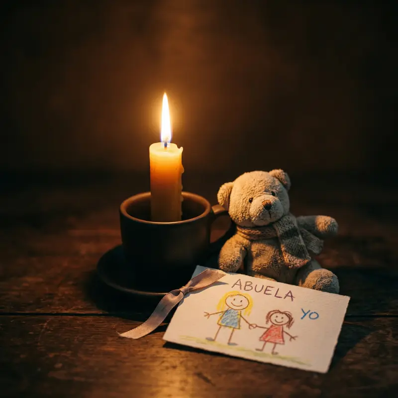 Una vela encendida con un dibujo de niño guardado junto a ella — la despedida que no hubo en el momento pero que puede hacerse ahora, el amor que sigue buscando forma para expresarse