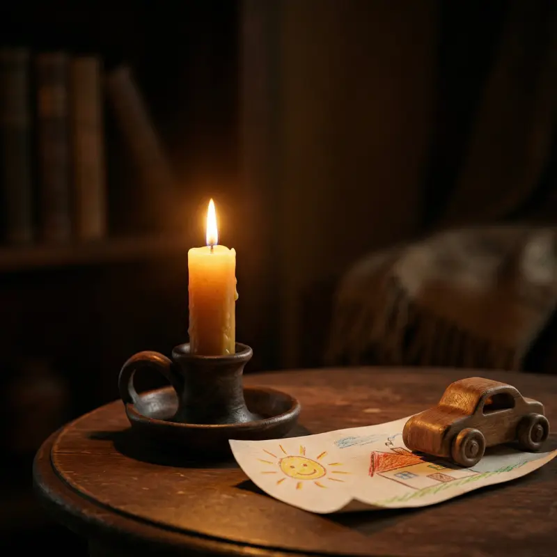 Una vela encendida con dos fotografías junto a ella — la del hijo que se fue y la de los nietos que quedan — el amor que continúa en las dos direcciones a la vez