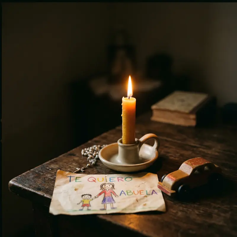 Una vela encendida junto a un juguete pequeño — el memorial íntimo del abuelo que guarda lo que quedó, el amor que continúa en los objetos que sus manos tocaron