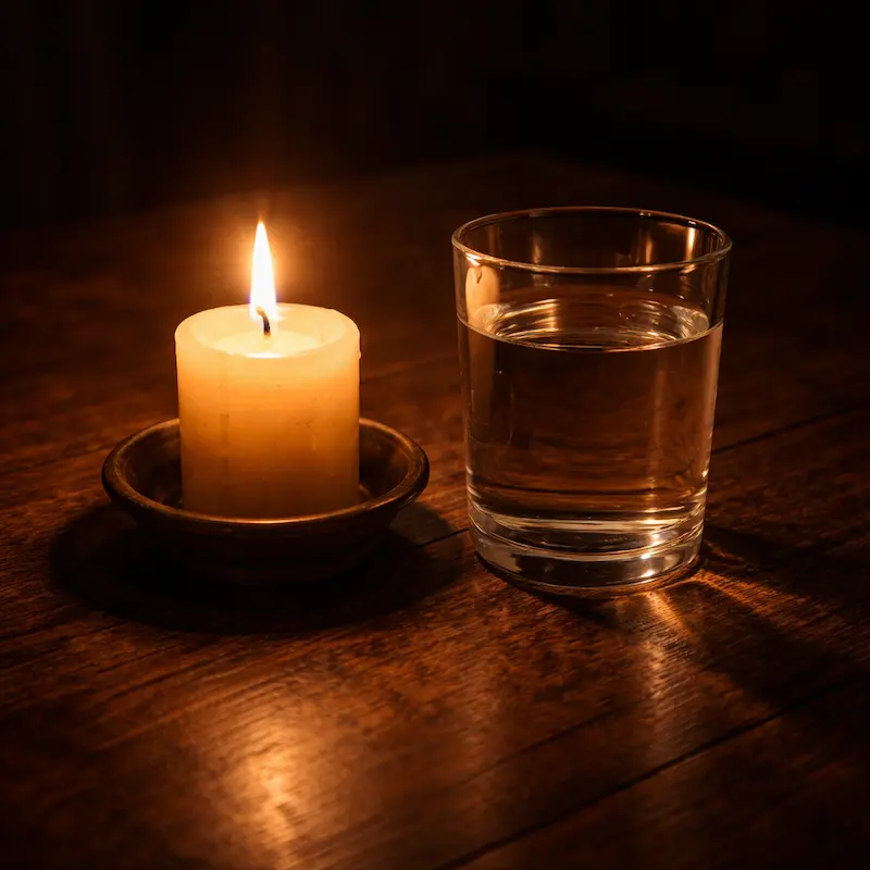 Vela encendida junto a un vaso de agua sobre una mesa oscura, luz cálida y tranquila