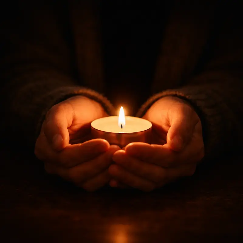 Manos sosteniendo una vela encendida en la oscuridad, la luz pequeña y constante que no desaparece aunque el cuerpo esté agotado, la fe que persiste cuando la energía no alcanza