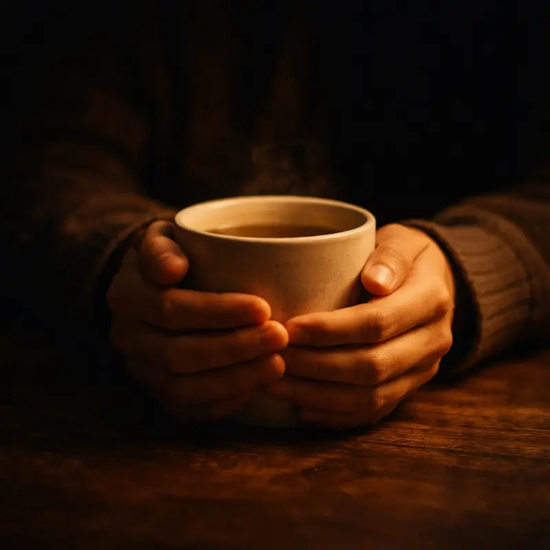 Manos sosteniendo una taza de café caliente en la oscuridad de la madrugada, la quietud de alguien que no puede dormir y que está aprendiendo a estar con el silencio
