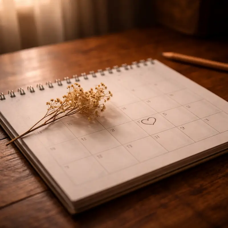 Calendario abierto con una fecha marcada apenas visible, luz suave de ventana sobre la mesa, flores secas al lado