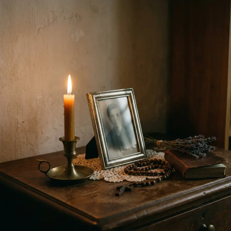 Una vela encendida frente a una fotografía en el altar doméstico, el amor que continúa en la oración diaria, el vínculo que la muerte no cortó sino transformó