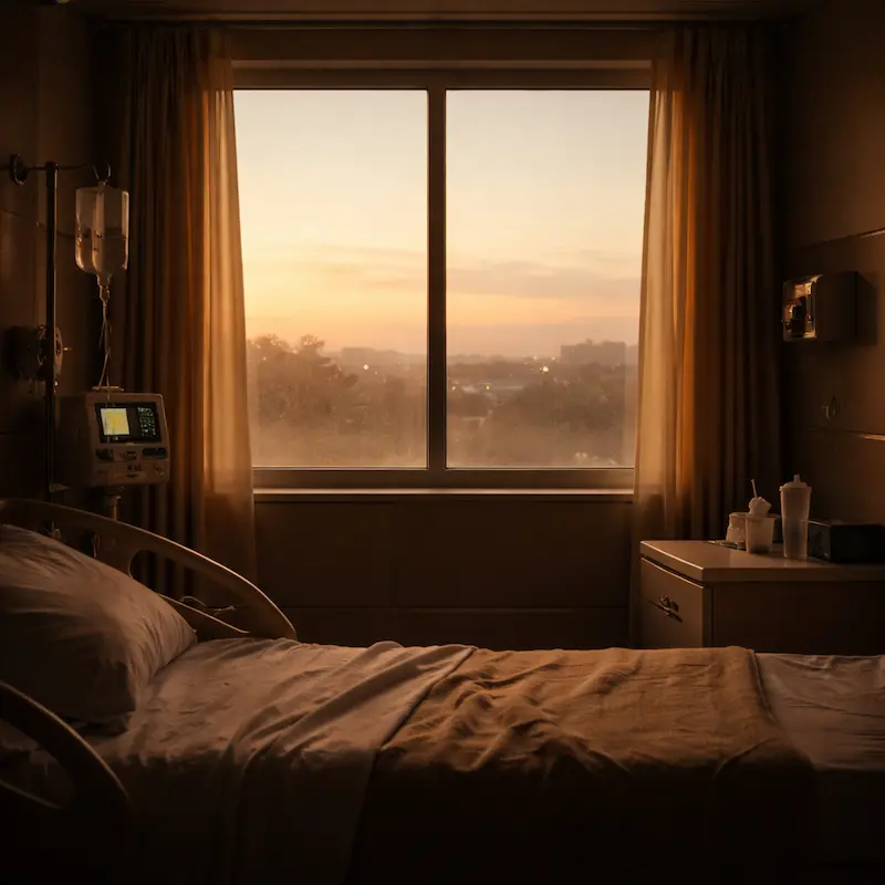 Una ventana del hospital vista desde dentro, la luz del amanecer comenzando afuera, el fin de una noche larga de espera, la primera luz que también es promesa de que el tiempo sigue moviéndose aunque pareciera haberse detenido