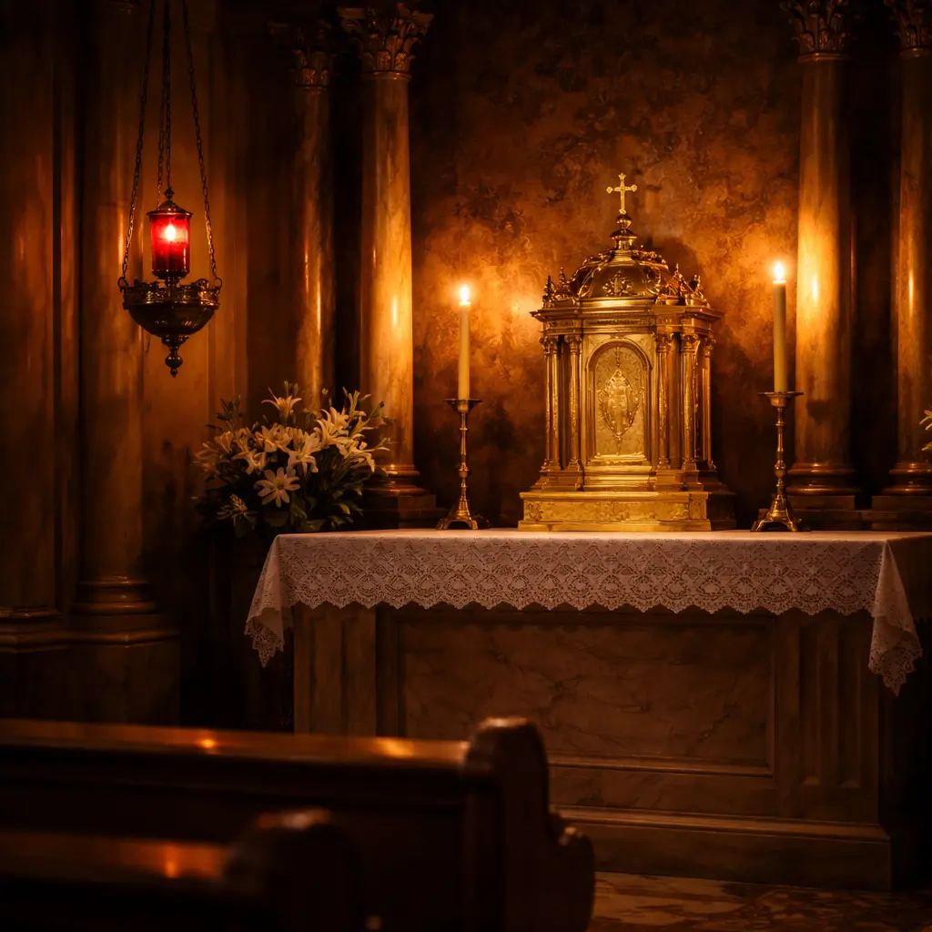 Una vela encendida frente al tabernáculo en la quietud de una iglesia vacía, la presencia que permanece aunque nadie esté mirando, el lugar al que se puede volver aunque duela llegar