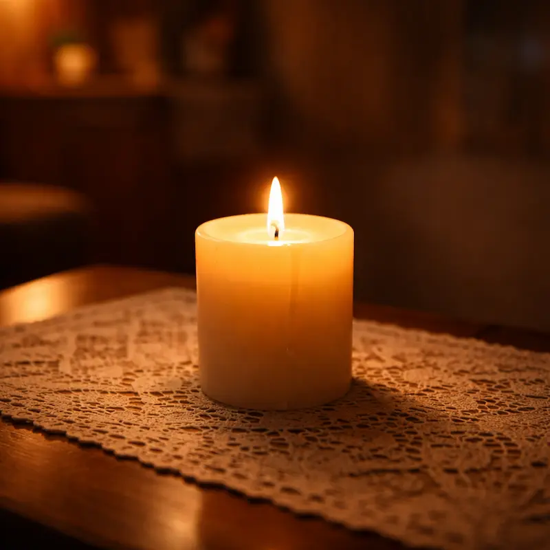 Una vela encendida en la quietud — la ofrenda del cuidado que terminó, el amor que se entregó completamente y que ahora puede descansar, la luz que sigue ardiendo en honor a lo que fue dado