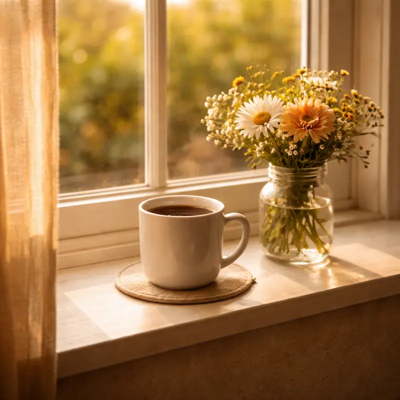 Una ventana con luz de mañana entrando limpia, una taza de café recién hecho, las flores en un vaso sencillo, el mundo ordinario que sigue siendo hermoso aunque el corazón todavía duela