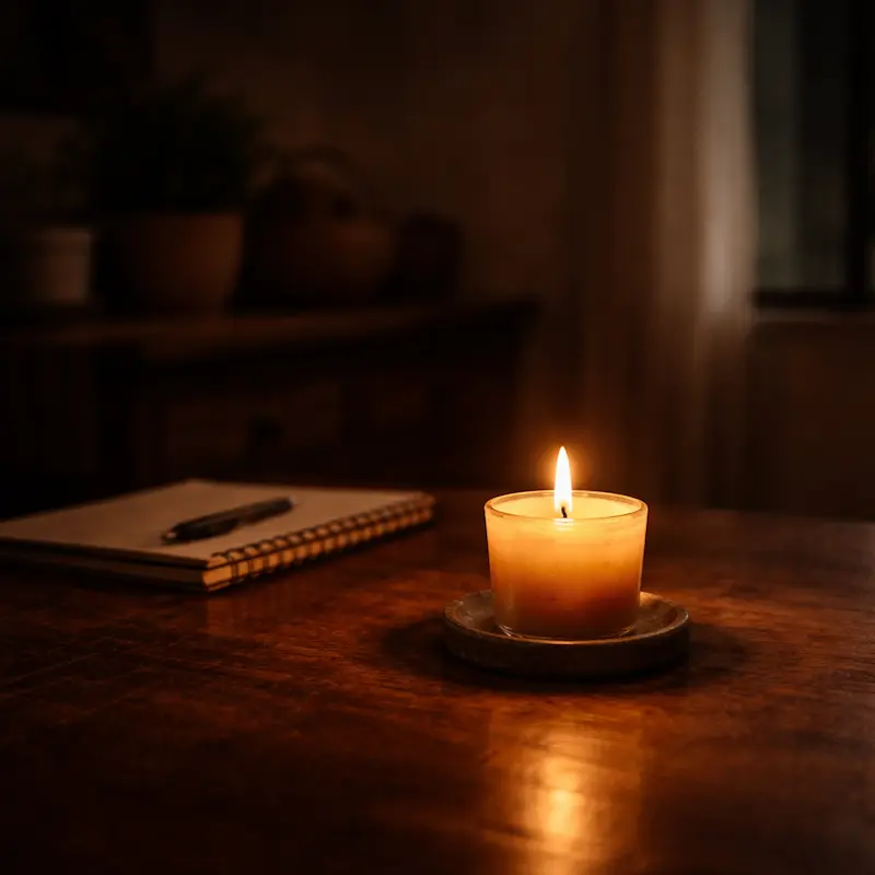 Una vela encendida en la penumbra, pequeña y firme, la imagen de lo que queda cuando el resto se ha apagado — suficiente luz para el siguiente paso aunque no alcance para ver el horizonte completo