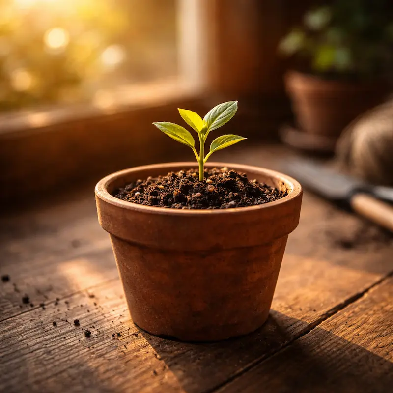 Una planta pequeña en proceso de crecer — no el árbol adulto, no la semilla, sino el brote intermedio, la evidencia de que algo está pasando aunque todavía no sea visible del todo