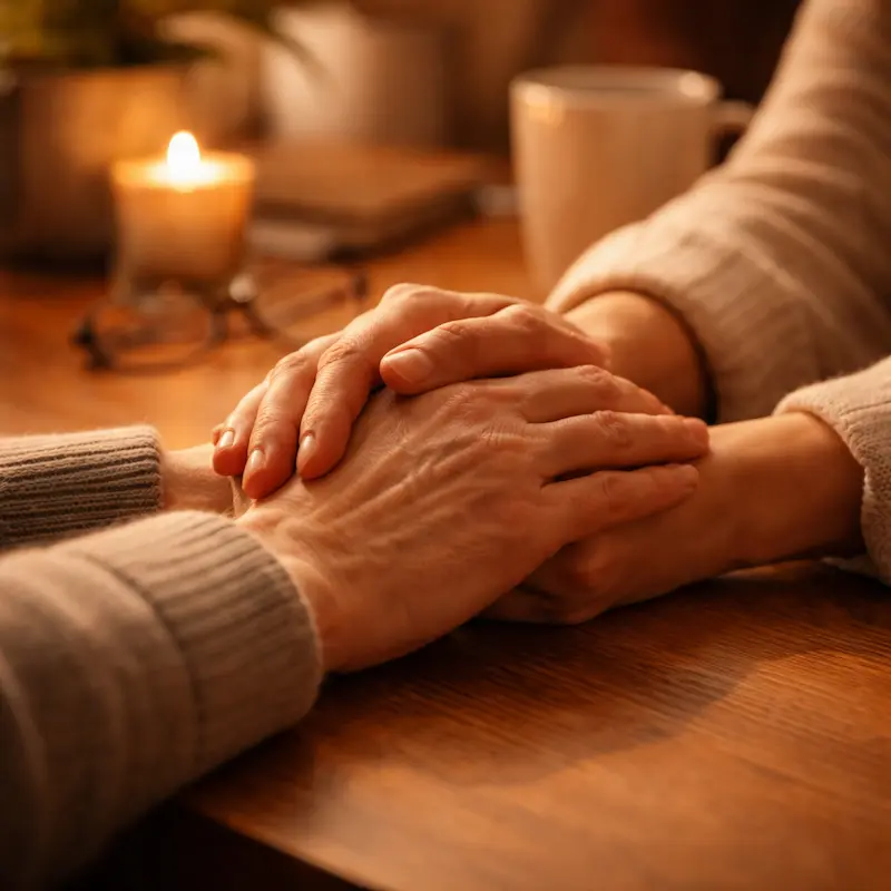 Dos manos entrelazadas sobre una mesa, el gesto de quien acompaña y quien es acompañado, el apoyo concreto que el duelo necesita cuando se vuelve demasiado grande para cargarlo solo