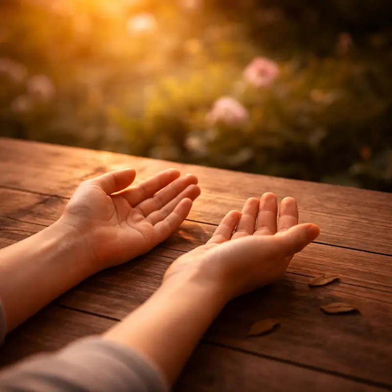 Manos abiertas hacia arriba en un gesto de soltar y recibir — no el cierre del duelo sino la apertura que llega cuando el proceso ha avanzado lo suficiente como para que haya espacio para algo más