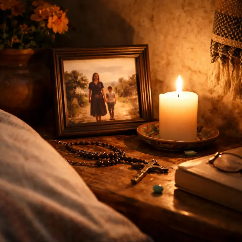 Una vela encendida junto a una fotografía enmarcada — no las caras, el acto de recordar, el altar doméstico de la memoria viva que persiste más allá de lo que la mente puede retener con precisión