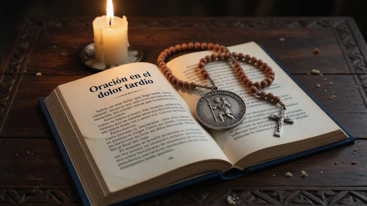 Libro de oraciones en español abierto en una página titulada "Oración en el dolor tardío" con el texto visible aunque no completamente legible, sobre las páginas una medalla de San Cristóbal patrono de los viajeros apoyada junto a un rosario de cuentas pequeñas de color terracota, una vela gruesa de cera blanca encendida al fondo proyectando luz dorada sobre la escena, mesa de madera oscura guatemalteca, formato 16:9, sin figuras humanas, atmósfera de duelo que finalmente encuentra su lugar y su tiempo