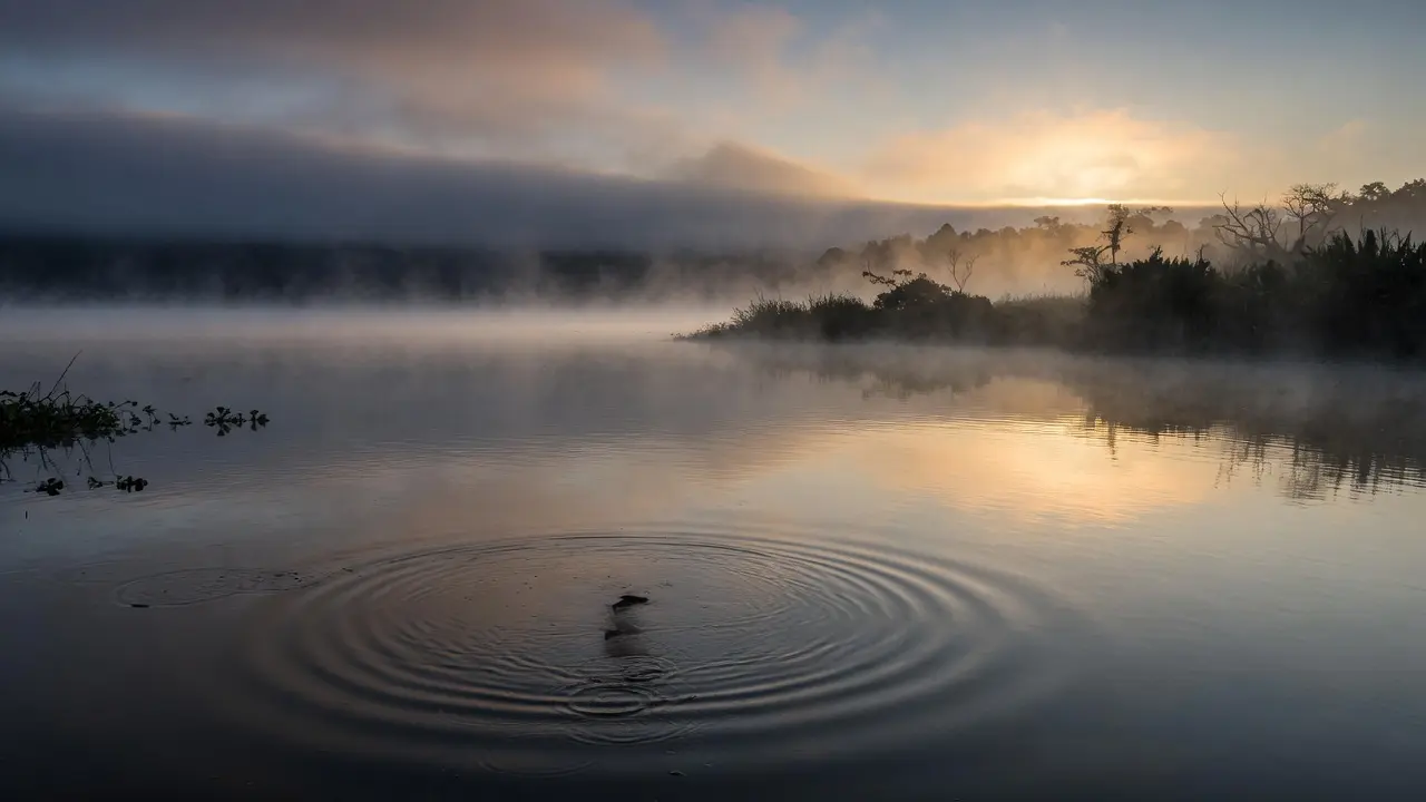 Lago guatemalteco al amanecer con la niebla comenzando a levantarse lentamente, el sol apenas asoma en el horizonte con tonos dorados suaves, la superficie del agua muestra el reflejo del cielo que pasa de gris oscuro a dorado, algunas ondas suaves rompen el espejo perfecto del principio indicando que algo se está moviendo, composición amplia 16:9, sin figuras humanas, atmósfera de shock que comienza a ceder y de realidad que empieza a moverse de nuevo