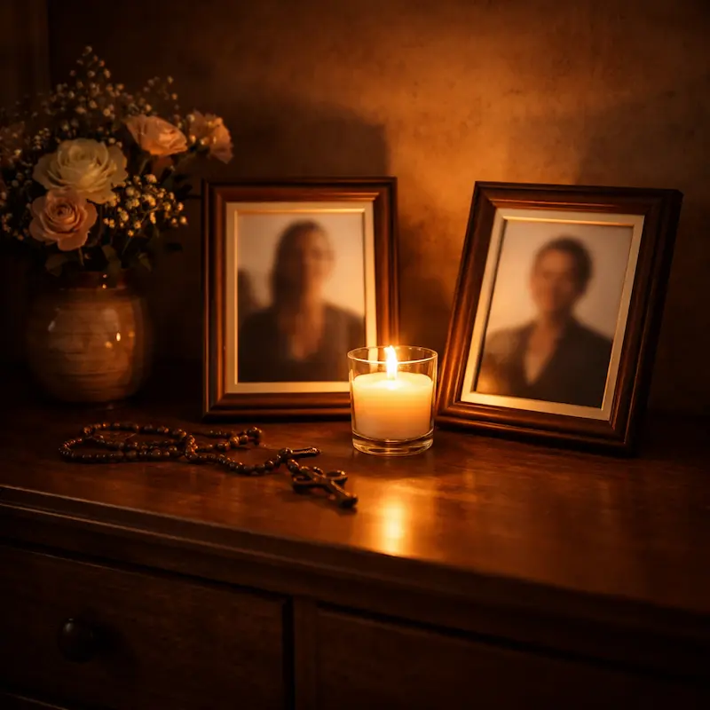 Una vela encendida frente a dos fotografías enmarcadas — los que ya no están, presentes en la memoria y en la oración, el altar doméstico de quien los guarda solo