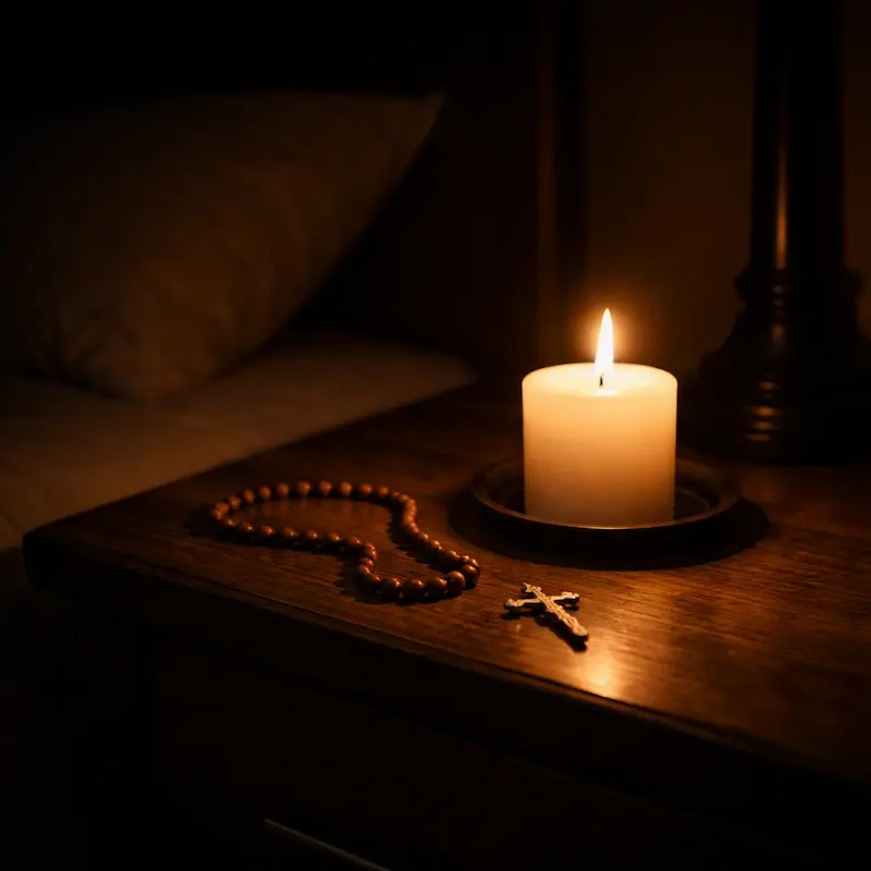 Una vela encendida sobre una mesa de noche en la oscuridad, la luz pequeña y firme, la promesa de presencia en el momento más silencioso, el único sonido siendo el de la llama que no se apaga