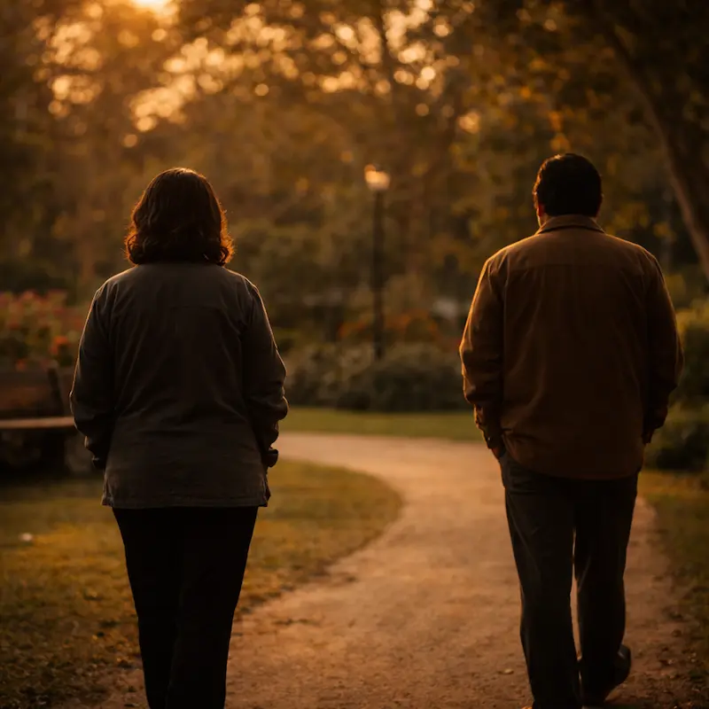 Dos personas caminando en un parque, vistas solo de espaldas y desde lejos, la distancia entre ellas más grande que antes, el duelo que cambia también la forma de caminar juntos