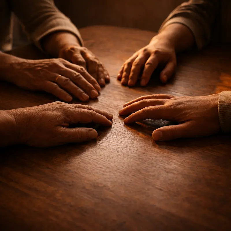 Manos de diferentes personas sobre una mesa, algunas tocándose, otras no, la proximidad física sin que el contacto sea completo, la familia en el duelo que no siempre encuentra la misma lengua