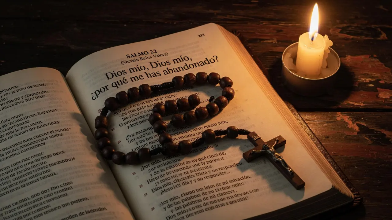 Libro de los Salmos abierto en el Salmo 22 con el texto en español visible donde se lee claramente "Dios mío, Dios mío, ¿por qué me has abandonado?", sobre las páginas abiertas un rosario de cuentas de madera oscura gruesa colocado con fuerza no con delicadeza transmitiendo la tensión interior, una vela encendida al lado derecho con llama que oscila levemente, mesa de madera rústica oscura, formato 16:9, atmósfera de oración honesta y sin adornos desde la rabia y la fe simultáneas
