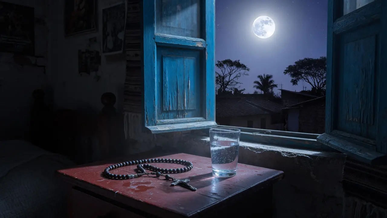 Vista desde el interior de una habitación oscura hacia una ventana que muestra un cielo nocturno guatemalteco con luna llena y algunas estrellas, sobre la mesita de noche en primer plano un rosario de cuentas oscuras enrollado junto a un vaso de agua, la luz de la luna entrando por la ventana es la única iluminación, composición amplia 16:9, sin figuras humanas, atmósfera de vigilia nocturna solitaria pero no vacía