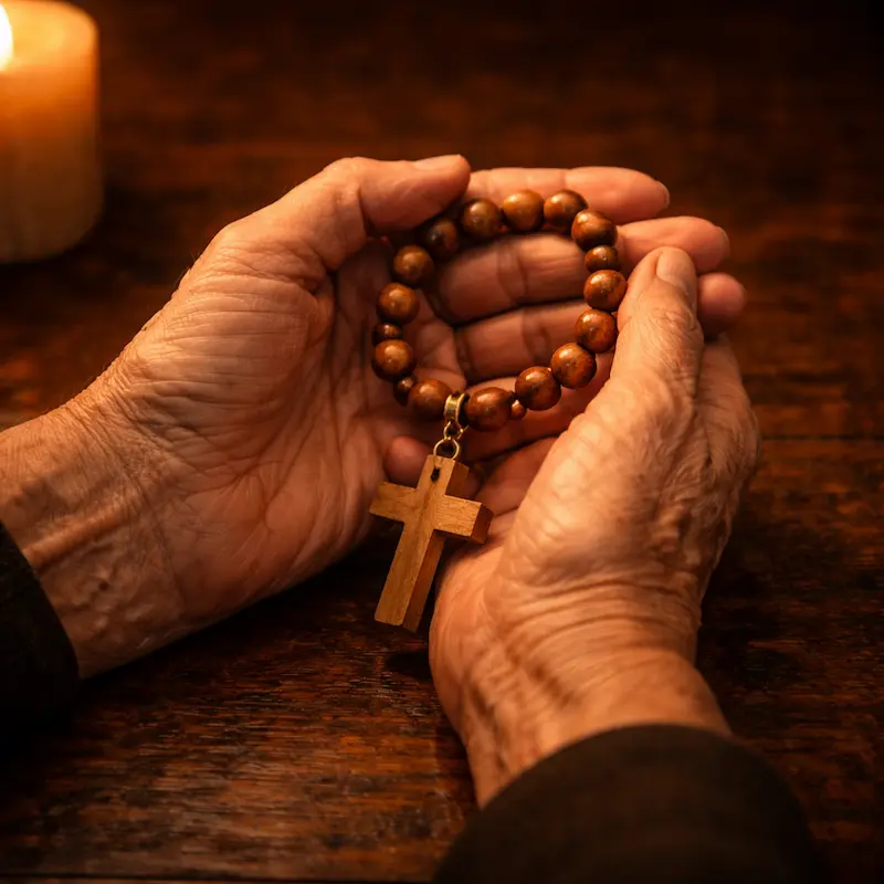Manos entrelazadas sosteniendo un rosario de madera sobre una mesa en penumbra