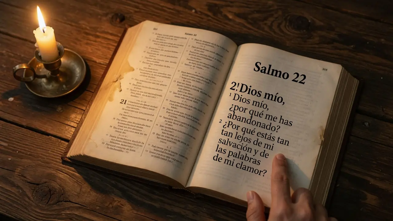 Libro abierto de los Salmos con texto en español visible, el dedo índice señalando el versículo del Salmo 22 que dice "Dios mío, Dios mío, ¿por qué me has abandonado?", una vela encendida al lado izquierdo fuera de foco, luz cálida dorada, mesa de madera oscura, formato 16:9, atmósfera de oración honesta y sin adornos