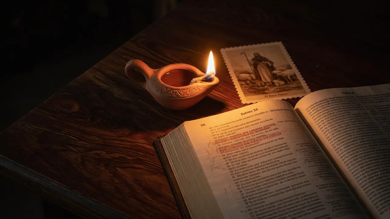 Pequeña lámpara de aceite de terracota encendida sobre una Biblia abierta en el Salmo 23, el texto en español visible con las palabras "aunque camine por cañadas oscuras" claramente legibles, la llama proyecta luz dorada sobre las páginas, un pequeño ícono o estampa apoyado detrás, penumbra profunda alrededor, mesa de madera oscura, formato 16:9, atmósfera de fe que persiste en la oscuridad