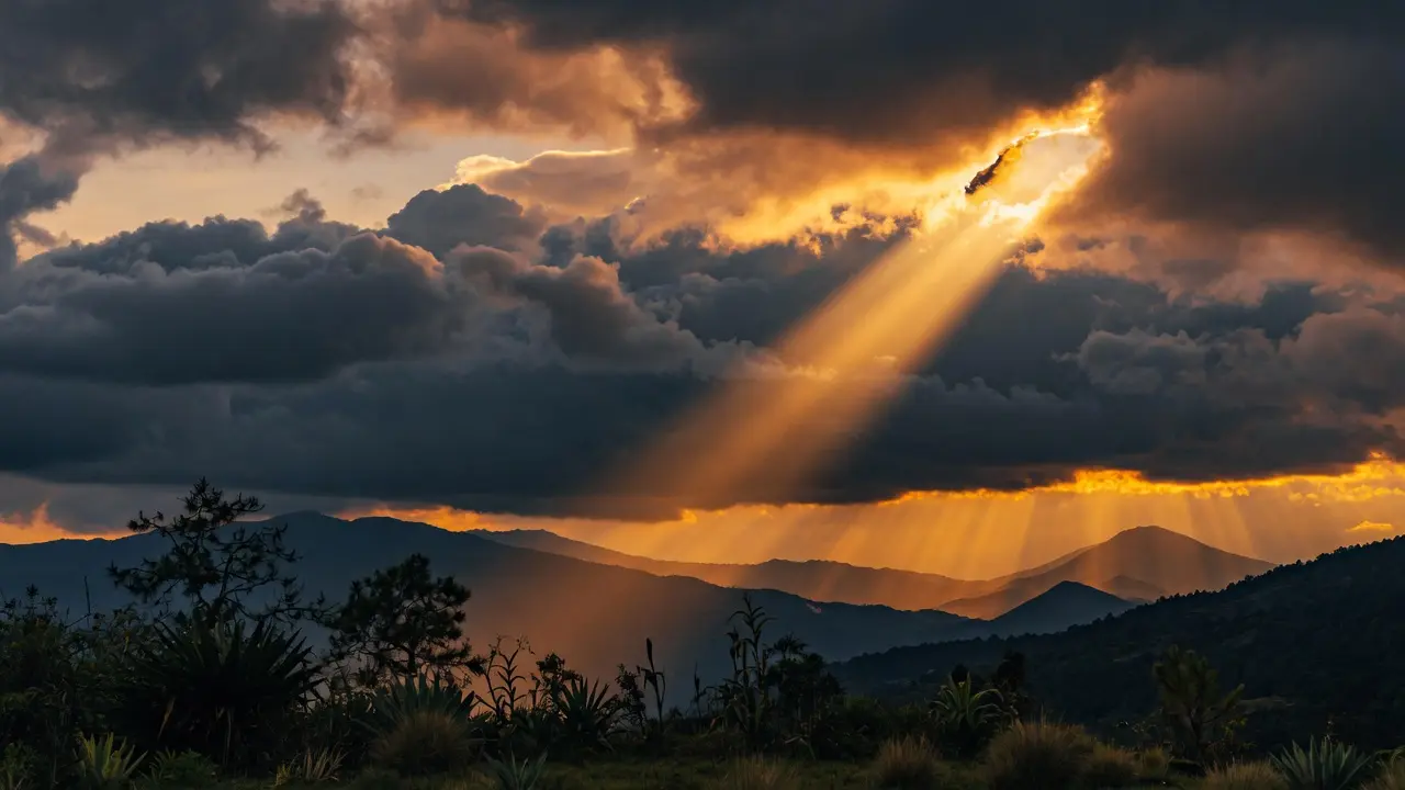 Rayo de luz cálida y dorada filtrándose entre nubes oscuras sobre un horizonte de montañas guatemaltecas al atardecer, el cielo dividido entre sombra y luz, ambiente de revelación silenciosa